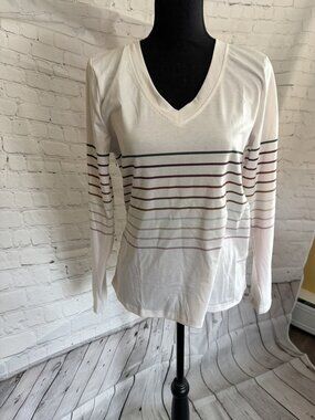 White Multi-Stripe Long Sleeve V-Neck Tee | Casual Everyday | Clean & Classic